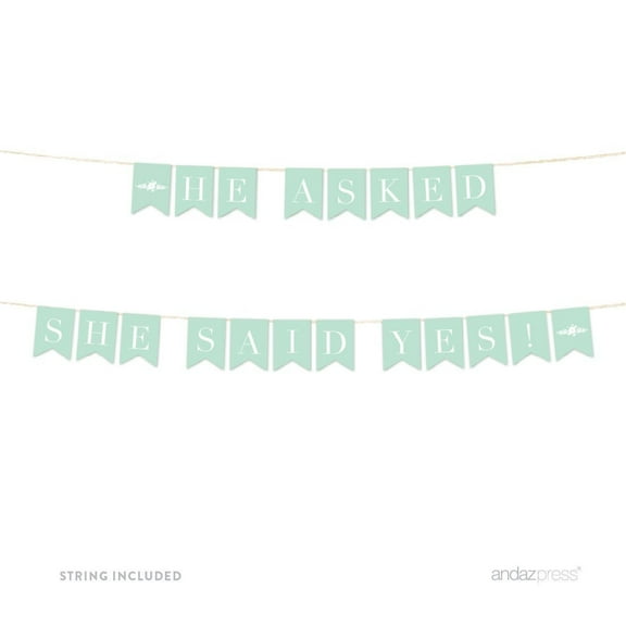 He Asked, She Said Yes! Floral Mint Green Wedding Hanging Pennant Party Banner with String