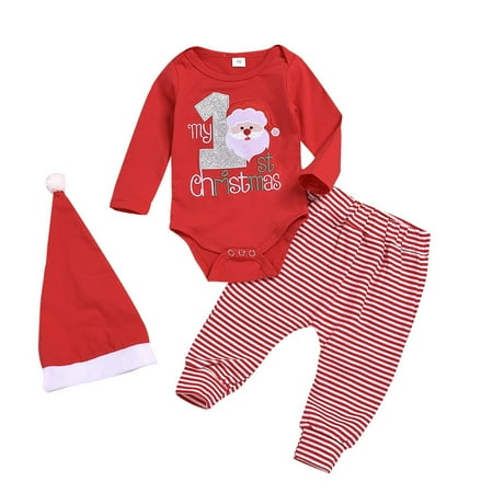 

3-6 Month Boy Clothes Summer Baby Girls Boys Cotton Print Autumn Christmas Santa Long Sleeve Striped Pants Romper Bodysuit Hat Set Clothes