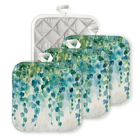 

Bahomeck Pot Holder 4Pcs Hanging Vines With Leaves In Shades Of Blue And Green Square Heat Resistant Hot Pads For Kitchen Cooking Oven With Hanging Loop Potholder Easy To Store