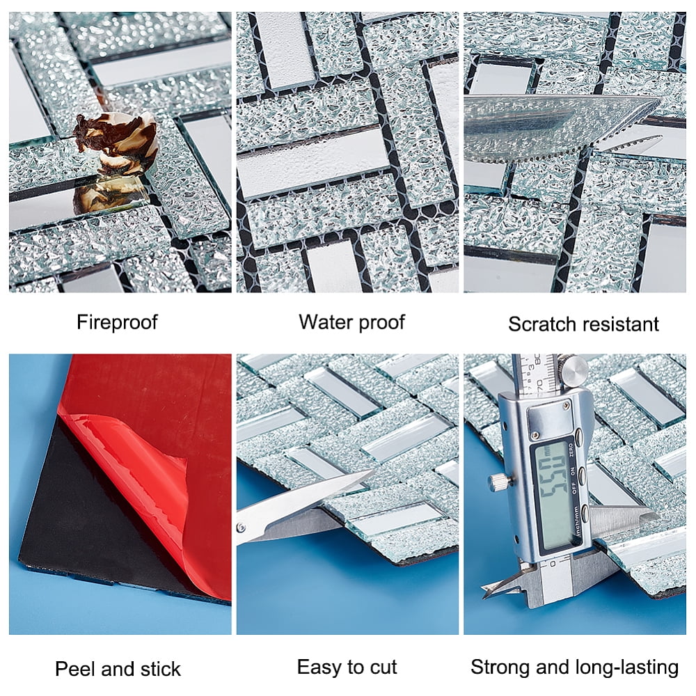 Adhesive Glass Cabochons Sheets Rectangle Mirror Mosaic Pieces Mosaic Tiles for Arts DIY Crafts Silver 300x300x5mm for DIY