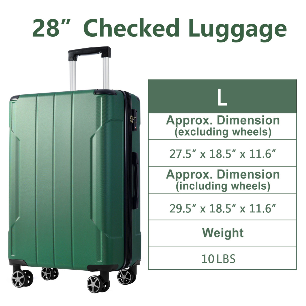 Hardshell Luggage Lightweight Durable ABS Suitcase With Double Spinner Wheels Expandable 28 Inch Checked Travel Bag Green