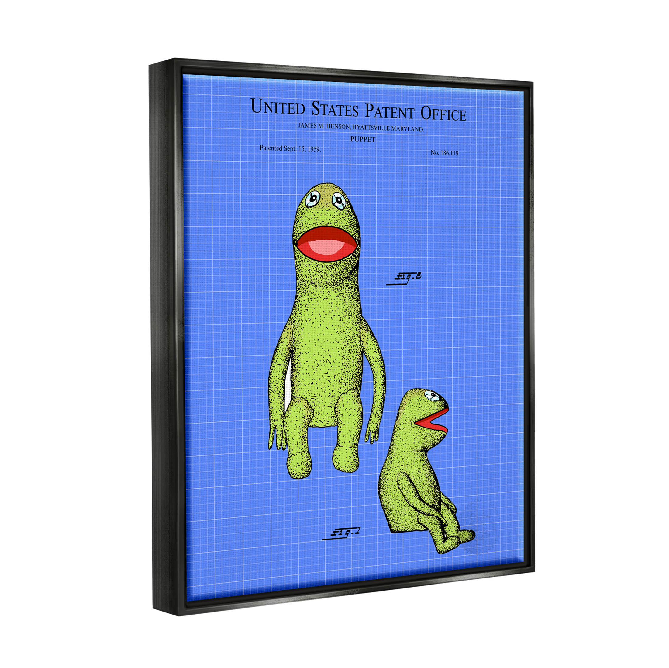 Stupell Industries Frog Puppet Character Blueprint Graphic Art Jet Black Floating Framed Canvas Print Wall Art, Design by Karl Hronek