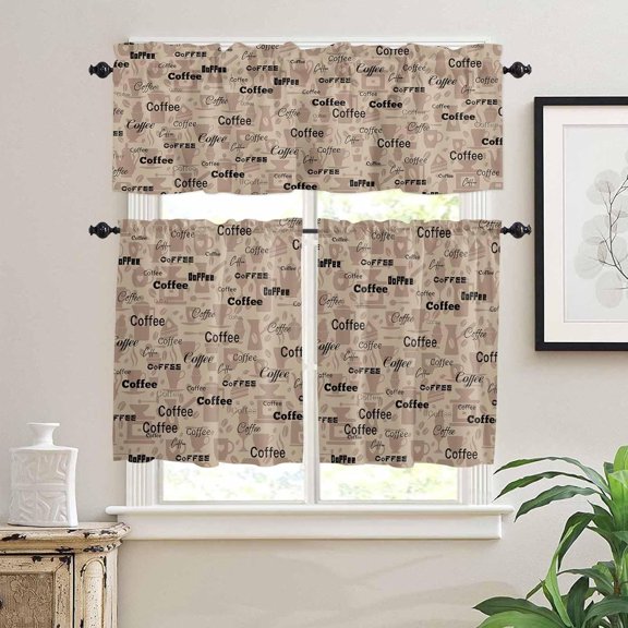 Kitchen Curtains Set, Brown Coffee Kitchen Curtains and Valances Set, Coffee Theme Rustic Farmhouse Rod Pocket Tier Curtains 24 Inch Length for Cafe/Bedroom Windows