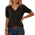 thumbnail image 2 of Womens Short Sleeve Sweater Summer V Neck Tops Casual Knit Shirts Lightweight Pullover Tops Black L, 2 of 5