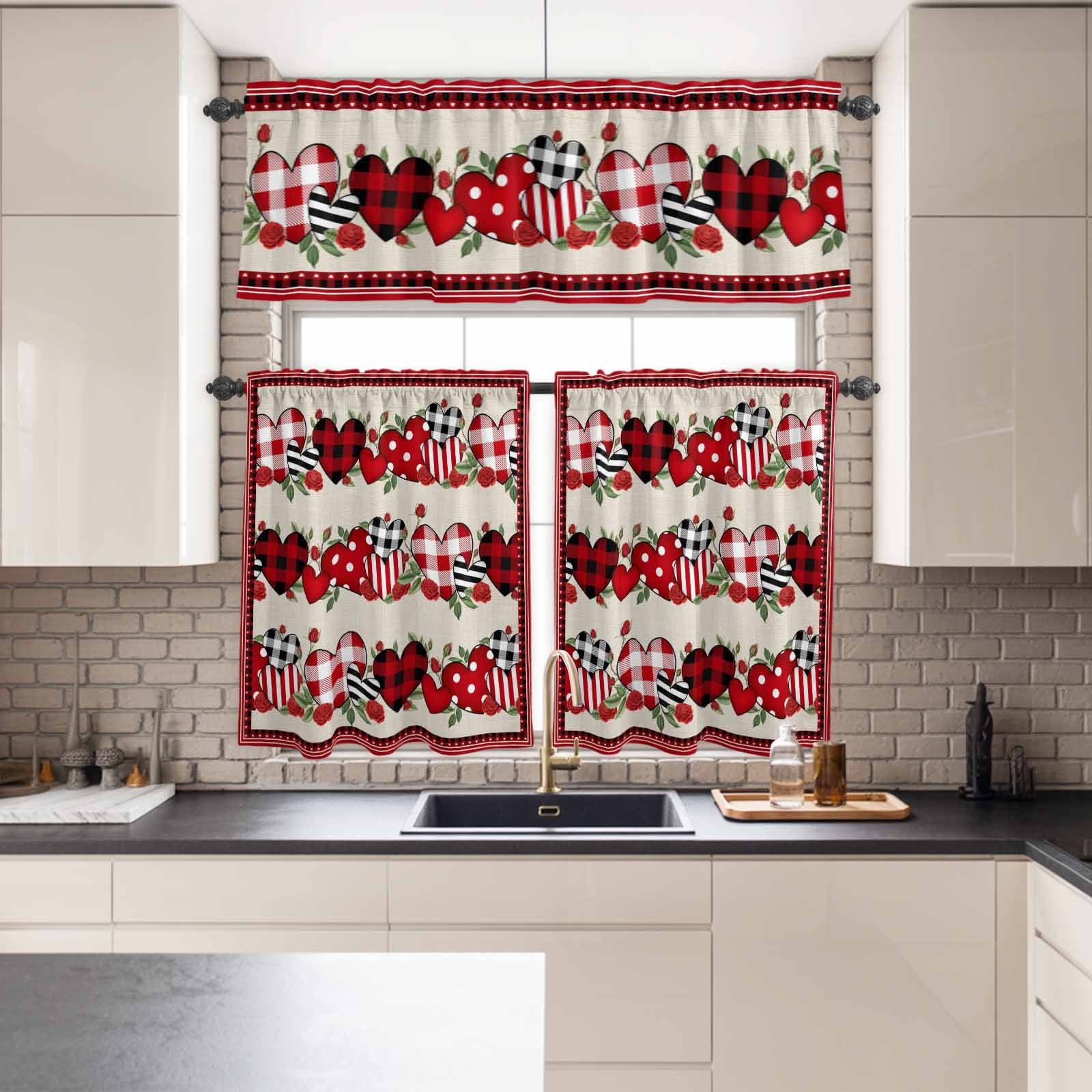 Kitchen Window Curtains Valance and Tier Set, Valentine's Day Love Rose Flower Rod Pocket Tier Curtains and Valance 3 Piece Set, Red Plaid Retro Linen Window Treatment for Bedroom Living Room