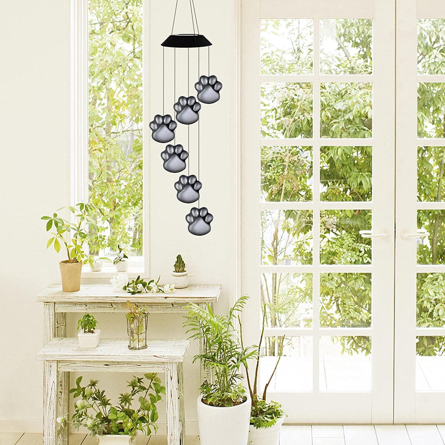 Solar Wind Chime Outdoor,Paw Prints Solar Hanging Lights,Waterproof LED Color Changing Solar Wind Chime Light,Dog Paw Lawn Light for Patio Garden Yard Home Decoration