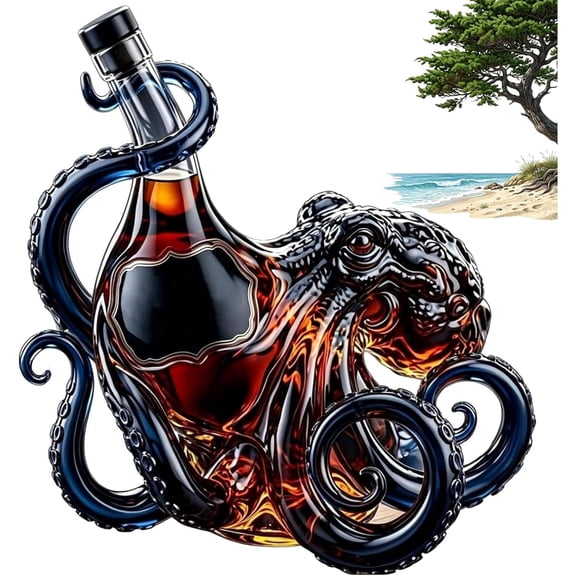 3D Octopus Bottle, Deep Sea Nautical Art Decor Glass Decanter, Sculpted Tentacle Design Bottle Holder Shaped for Whiskey Wine Liquor Soda Home Kitchen Office Collector Display Decor