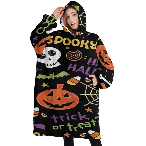 Oversized Wearable Blanket Hoodie,Happy Halloween Pattern Sherpa Blanket Hoodie with Super Pockets,Super Warm Fuzzy Pullover for Women & Men