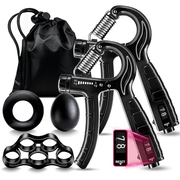 Bogykik Hand Grip Strengthener Kit with Counter, Adjustable 11-132 lbs, 5-Piece Forearm Exerciser Set for Finger Wrist Training