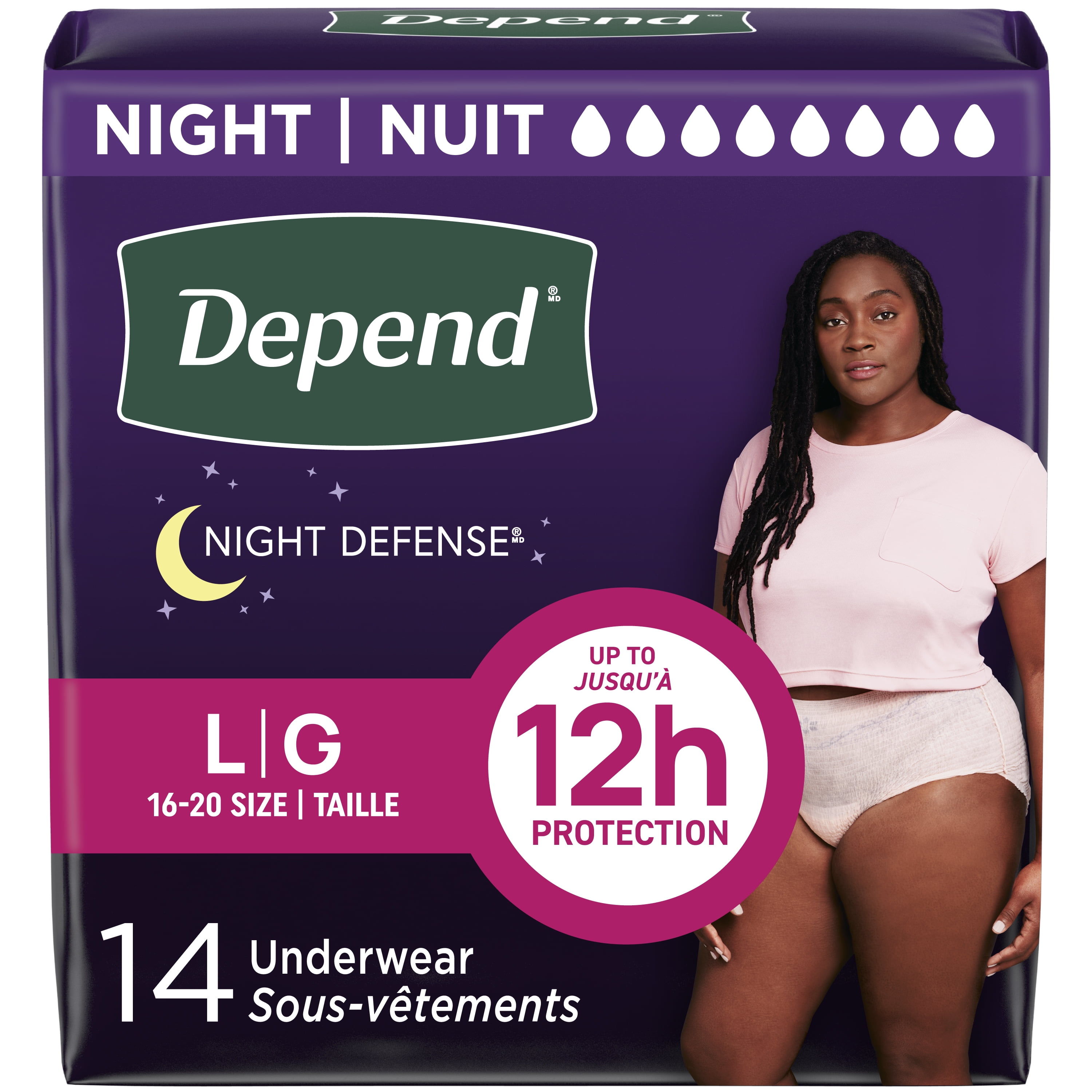 Depend Night Defense Incontinence Underwear for Women, Adult Diapers, L, 14 Count