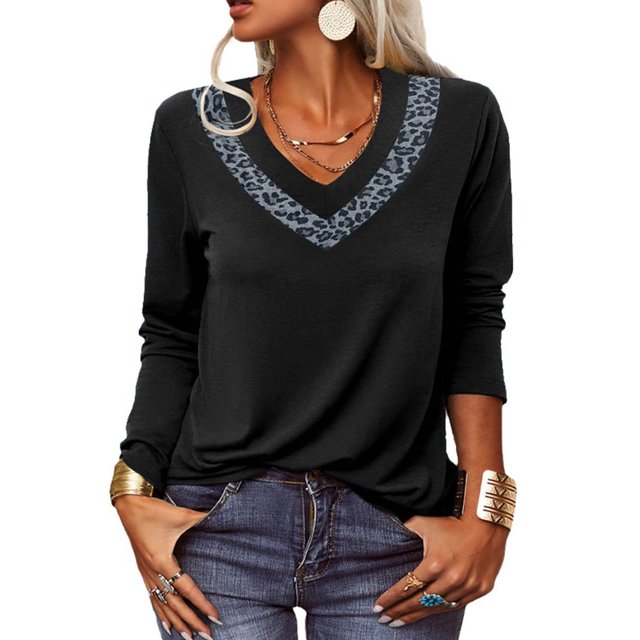 Leopardo Cuello En V Jersey Suelto Casual Manga Larga Top Túnica Suave De Moda Para Mujer Negro XL