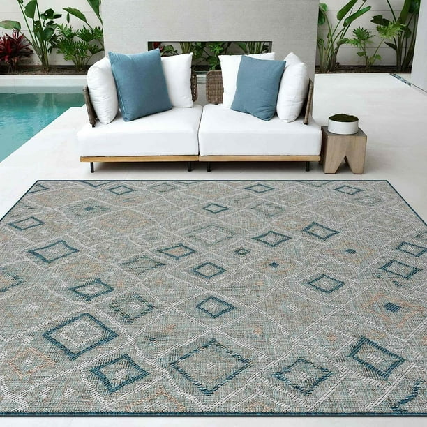 HR Diamond & Moroccan Pattern Outdoor Rug Waterproof, Mold/Stain/Fade