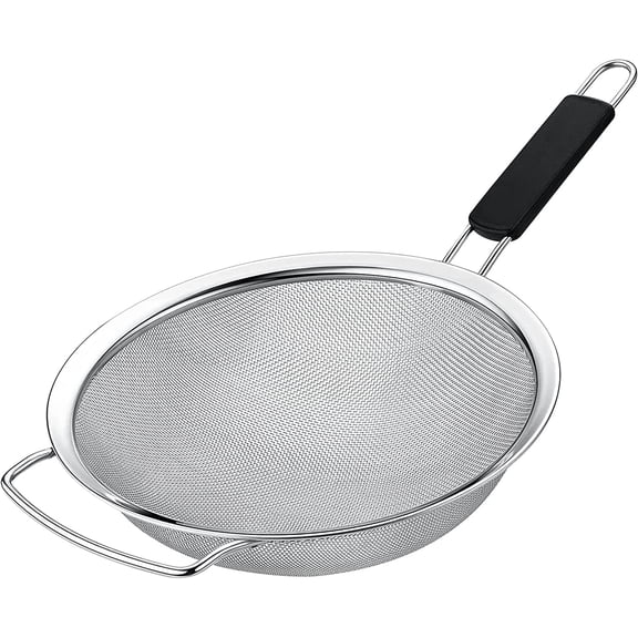 Kafoor 10" Extra Large Fine Mesh Strainer and Colander with Thermo Plastic Rubber Handle - Sieve Fine Mesh Stainless Steel - Ideal to Strain Pasta, Quinoa and Rice
