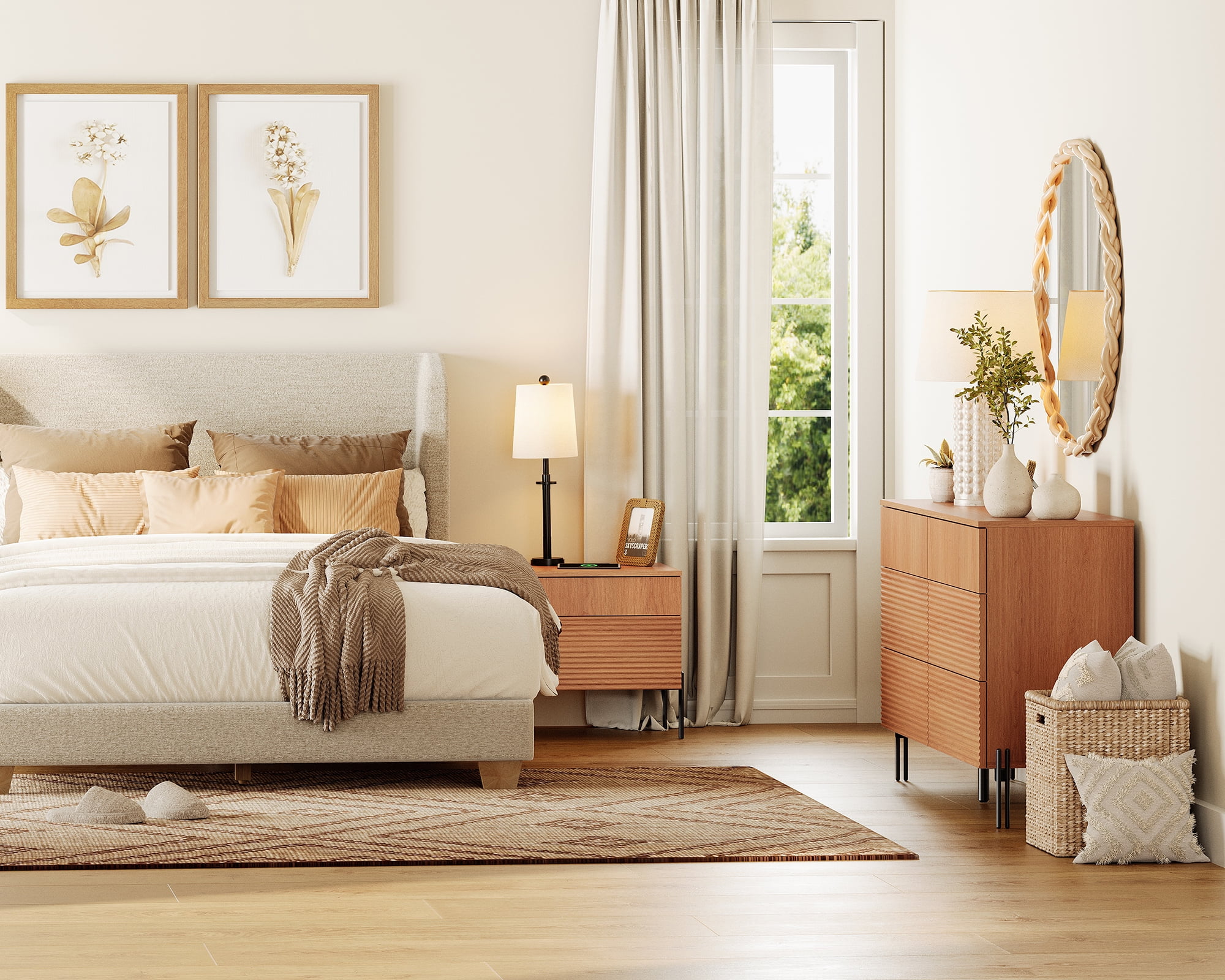 2 Pcs Bedroom Set, 6 Drawer Dresser And Nightstand Set with Minimalist Reeded Design, Oak Double Dresser With Hidden Handles