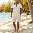 thumbnail image 2 of LTTVQM Men Lightweight Stretch Waffle Textured Half Zip Polo Shirt Elastic Drawcord Waist Casual Short Pant Summer Beach Outfit Set Khaki M, 2 of 9