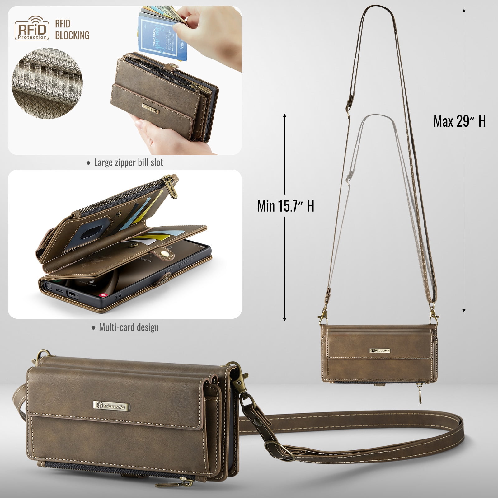 Decase Wallet Case for Samsung Galaxy S25 Ultra,Magnetic Flip Zipper Pocket PU Leather Phone Cover,Crossbody Flip Cover with RFID Card Slots,Coffee