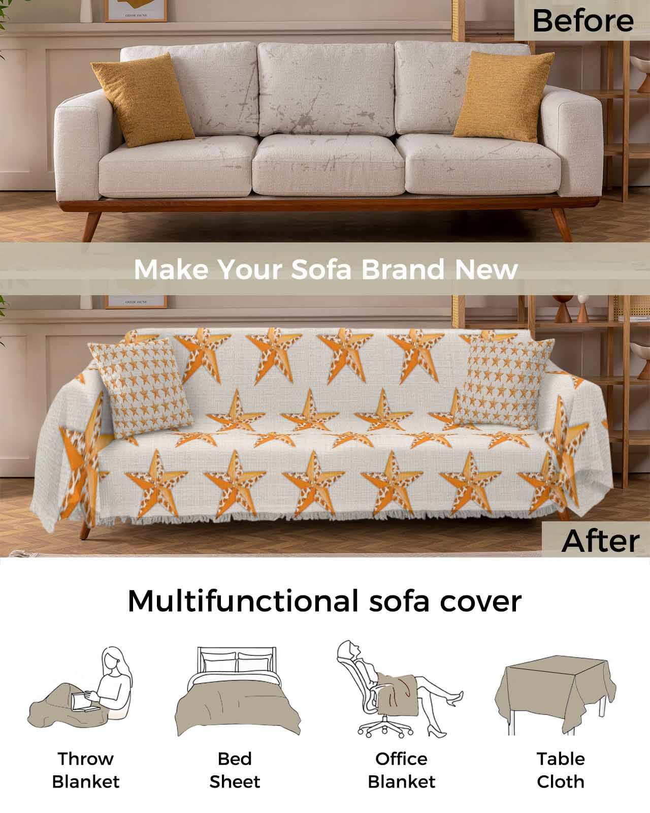 Fall Star Orange Leaves Sofa Couch Covers for Dog,Washable Sofa Throw Cover Single Slipcovers for Armchair with Tassels,Autumn Farmhouse Retro Beige Couch Protector Towel Blanket Medium 71''x91''