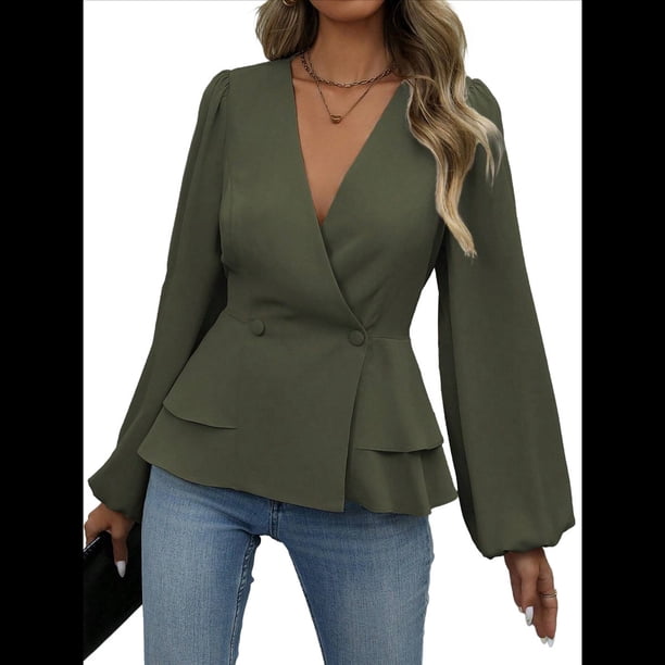Camisa Elegante de Larga con Cuello en V, Doble Botonadura y Volantes en Color Liso para Mujer Verde L