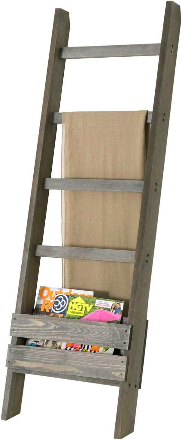YIGOU Vintage Gray Solid Wood Blanket Ladder with 4 Rung and Magazine