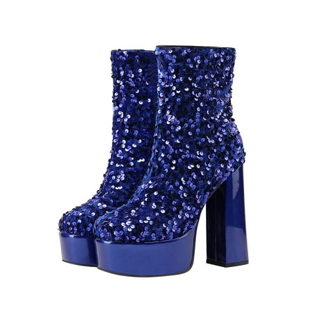 KIJBLAE Women s Sequined Platform Boots Chunky Heel Ankle Booties High Heels Party Dress Shoes Fashionable Shoes Blue 41