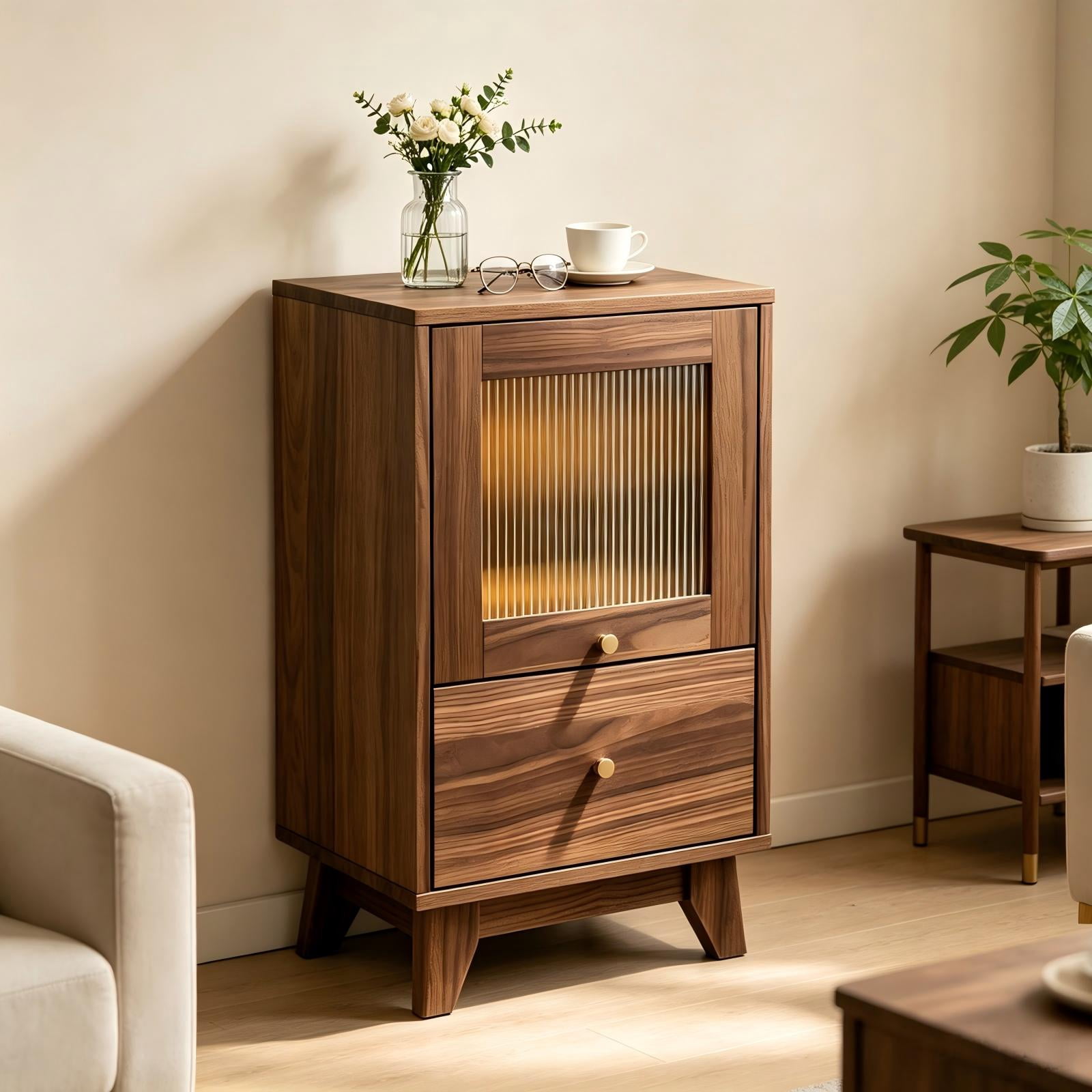 2-Drawer Bedside Table with Frosted Glass, Socket, and 16-Color Light, Walnut, 15.75 x 13.74 x 24.6 in