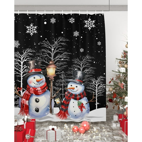 Black Christmas Waterproof Fabric Shower Curtain, Winter Snowman Xmas Tree Snowflake Shower Curtain for Bathroom Curtains Bathtubs Hotel Washable Shower Curtains with 12 Hooks Standard 72x72