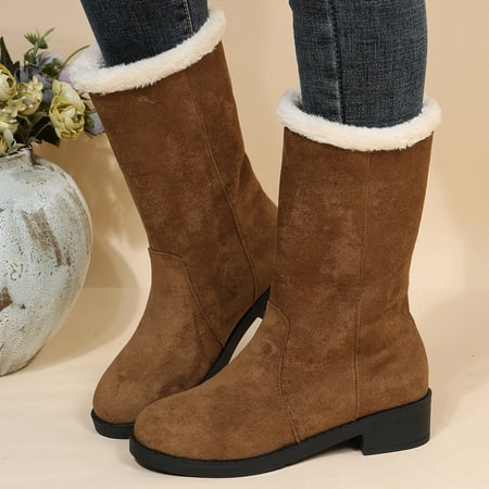 

TALKVE Warm and non slip Ladies Fashion Solid Color Flock Heel Snow Boots Round Toe Warm Mid Cotton Boots
