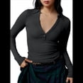 thumbnail image 1 of Camisetas Henley de Larga para Mujer, -Otoño 2025, de Punto Acanalado con Botones, Corte Entallado, Blusas Básicas Informales. Gris Oscuro XL, 1 of 8