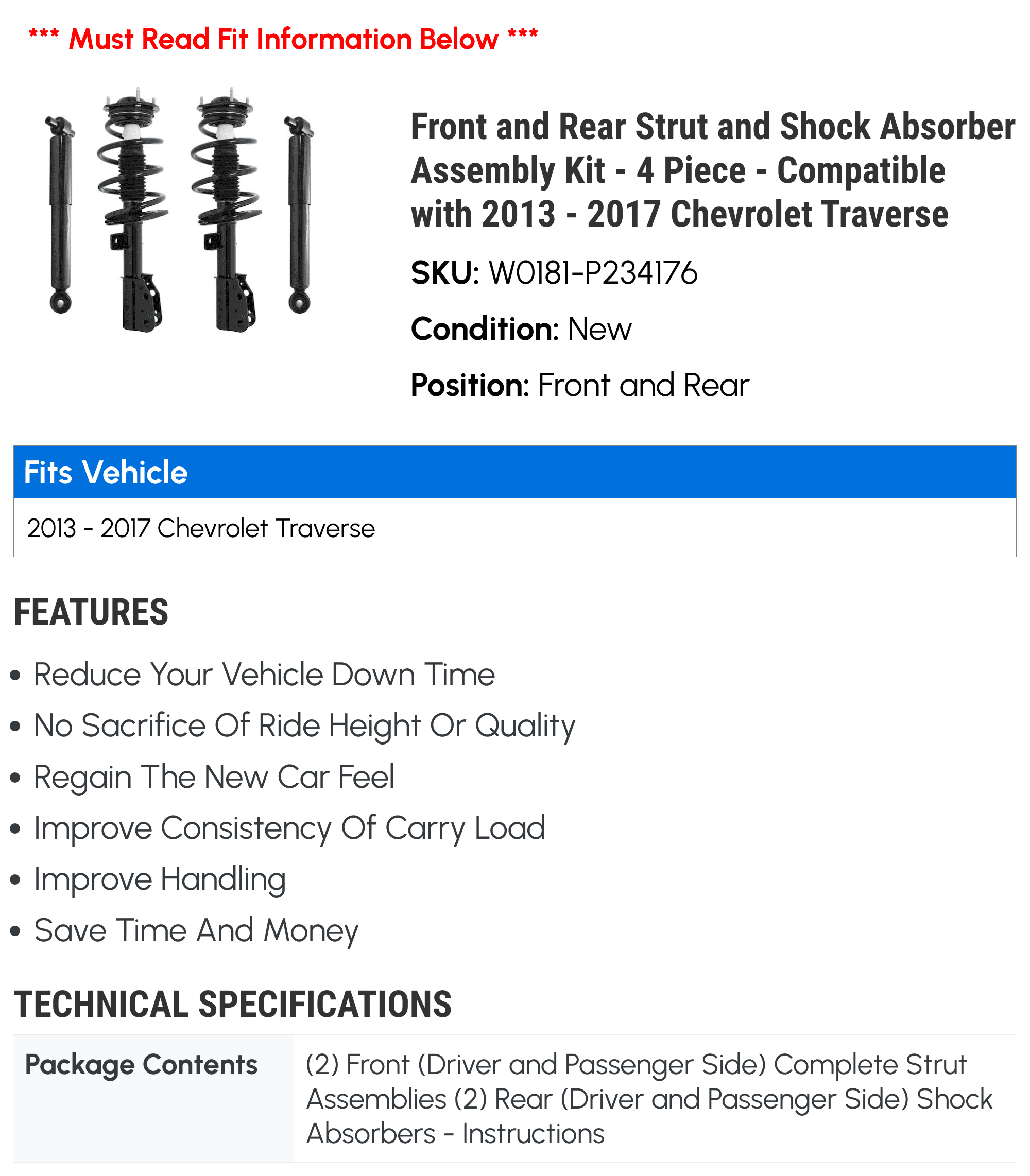 Front and Rear Strut and Shock Absorber Assembly Kit - 4 Piece - Compatible with 2013 - 2017 Chevy Traverse 2014 2015 2016