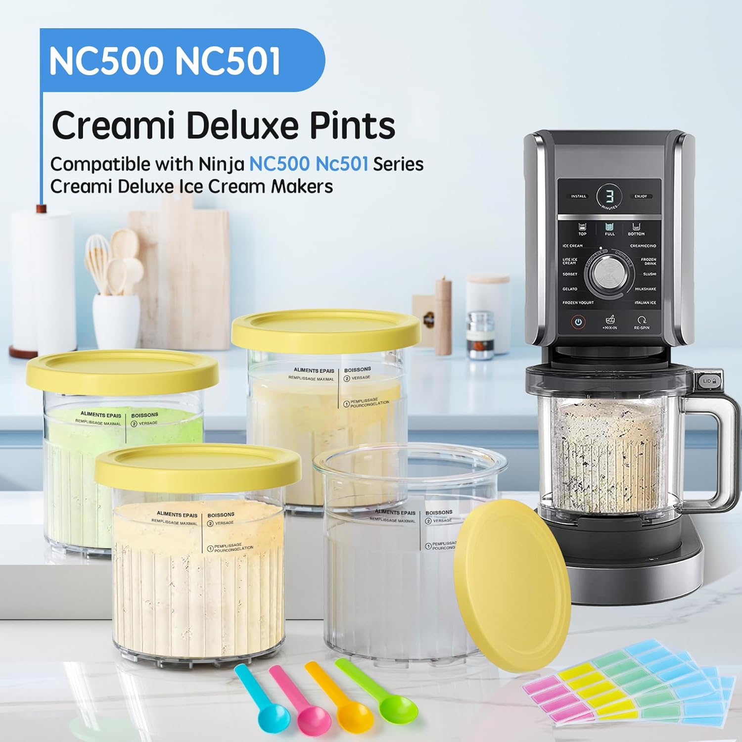 4 Pack Creami Deluxe Pints & Lids for Ninja, 24 Oz Compatible with NC500 NC501 Series Ice Cream Makers, with 5 Spoons & 64 Writable Labels, BPA-Free & Dishwasher Safe, Yellow