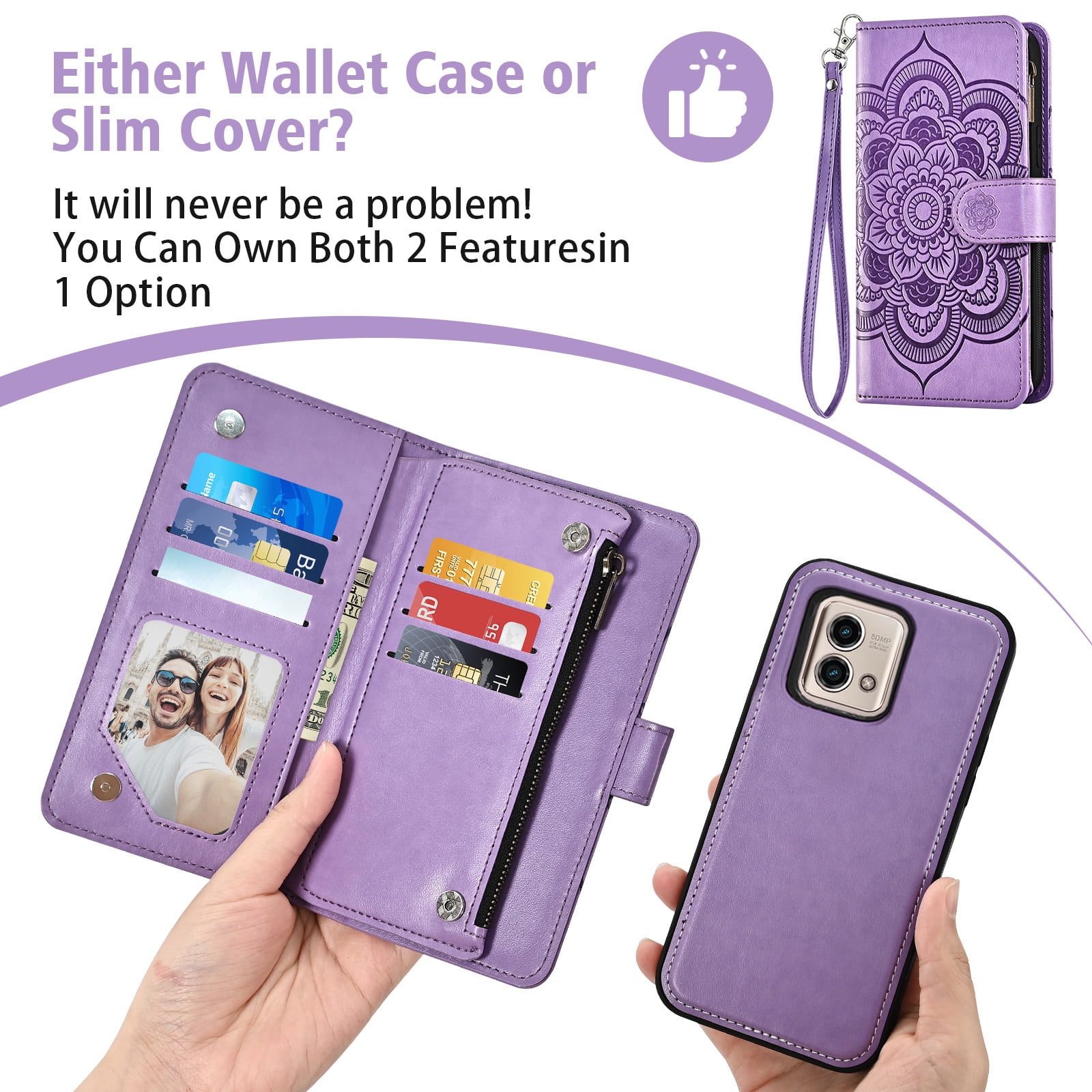 Asuwish Phone Case for Motorola Moto G Stylus 5G 2023 Zipper Wallet Magnetic Detachable Cell Cover with Tempered Glass Screen Protector Crossbody Strap Flower Card Holder Slot GStylus G5 Women Purple