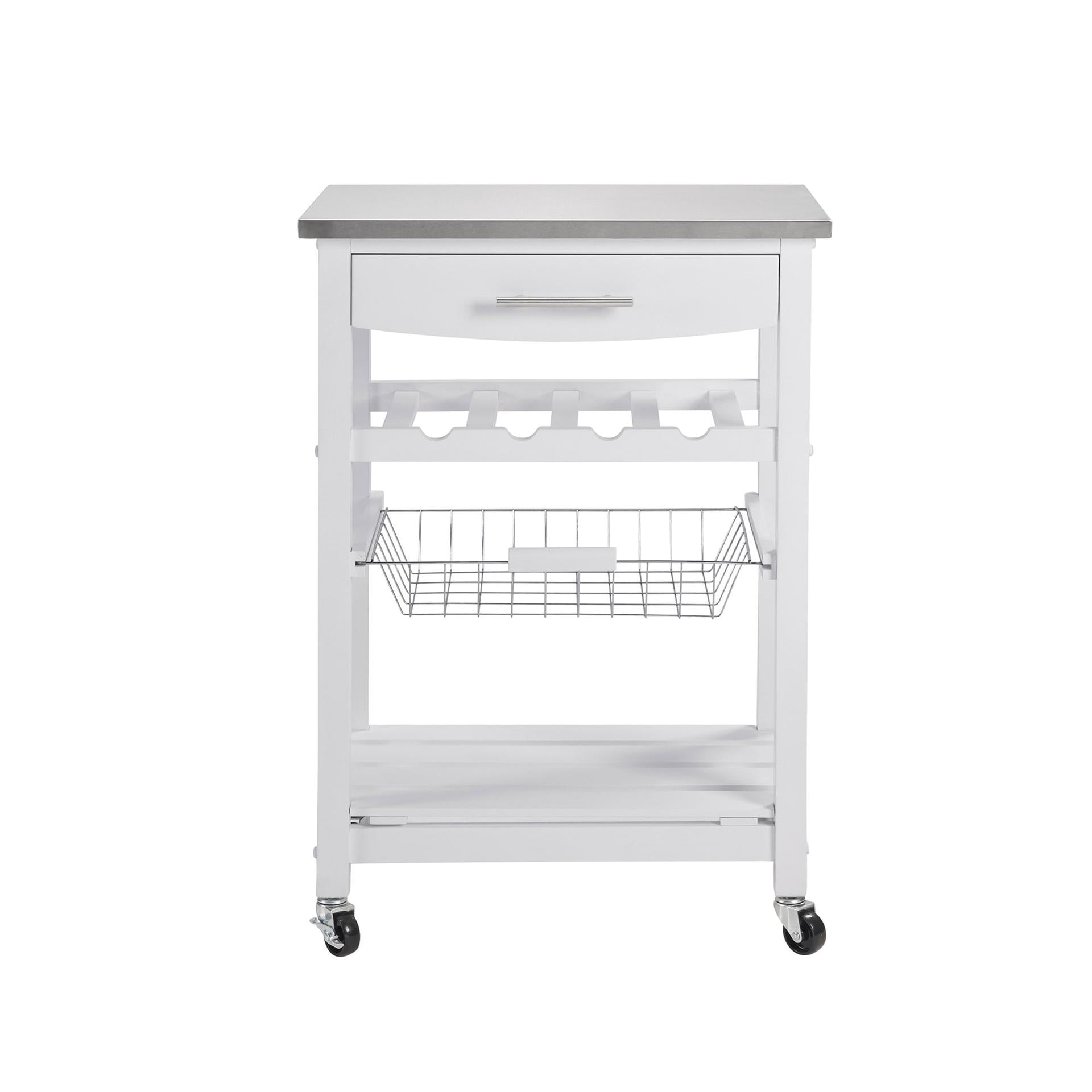 Mobile Rolling Kitchen Island Trolley Serving Cart with Underneath Drawer & Slide-Out Wire Storage Basket