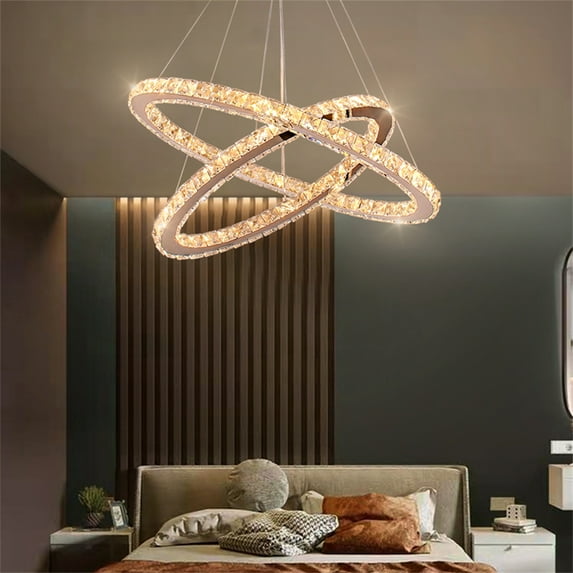 FRIXCHUR Modern Crystal Chandelier Adjustable 2 Rings LED Oval Ceiling Light Fixtures for Living Room Dinning Room Bedroom(Warm White)