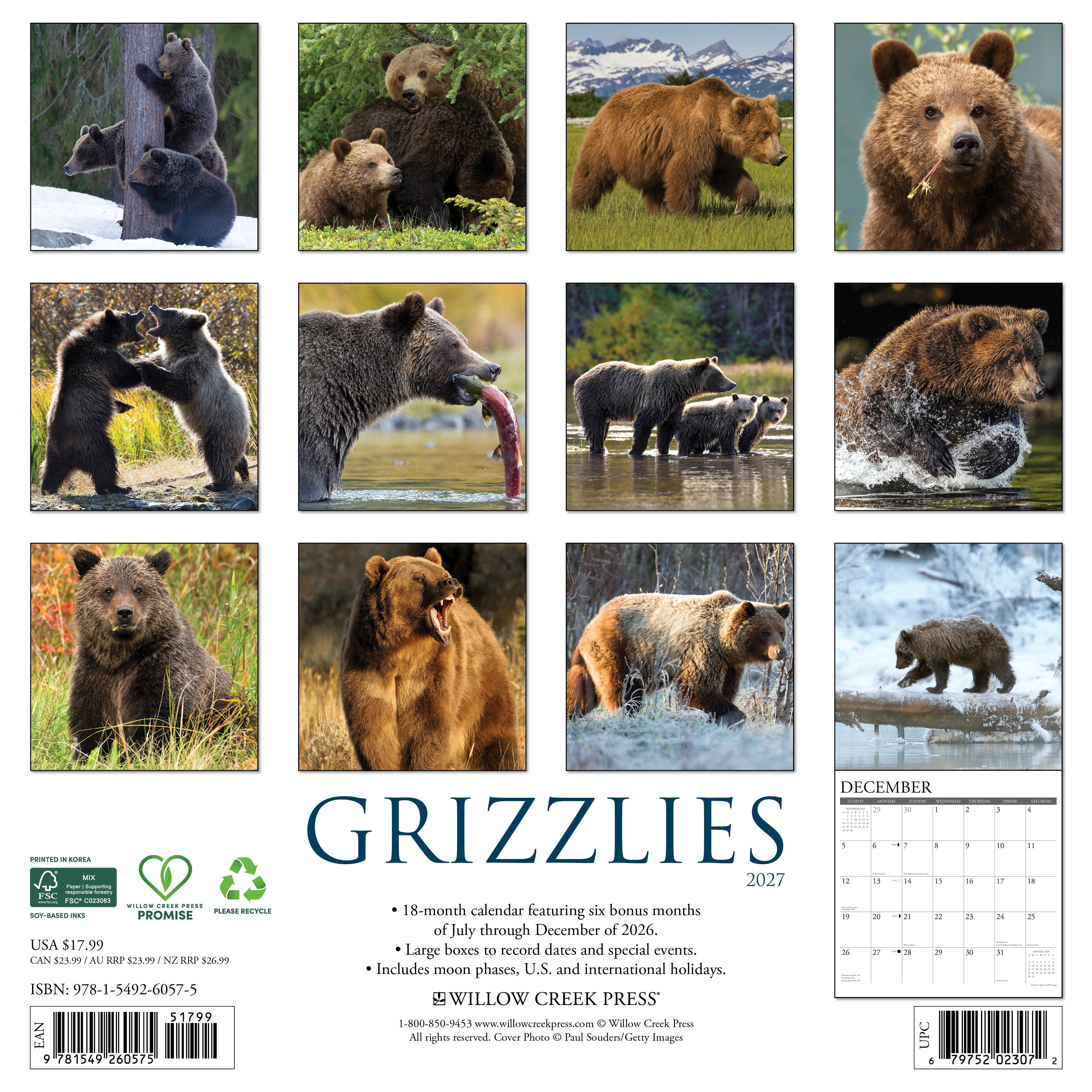 Willow Creek Press, Grizzlies 2027 Wall Calendar