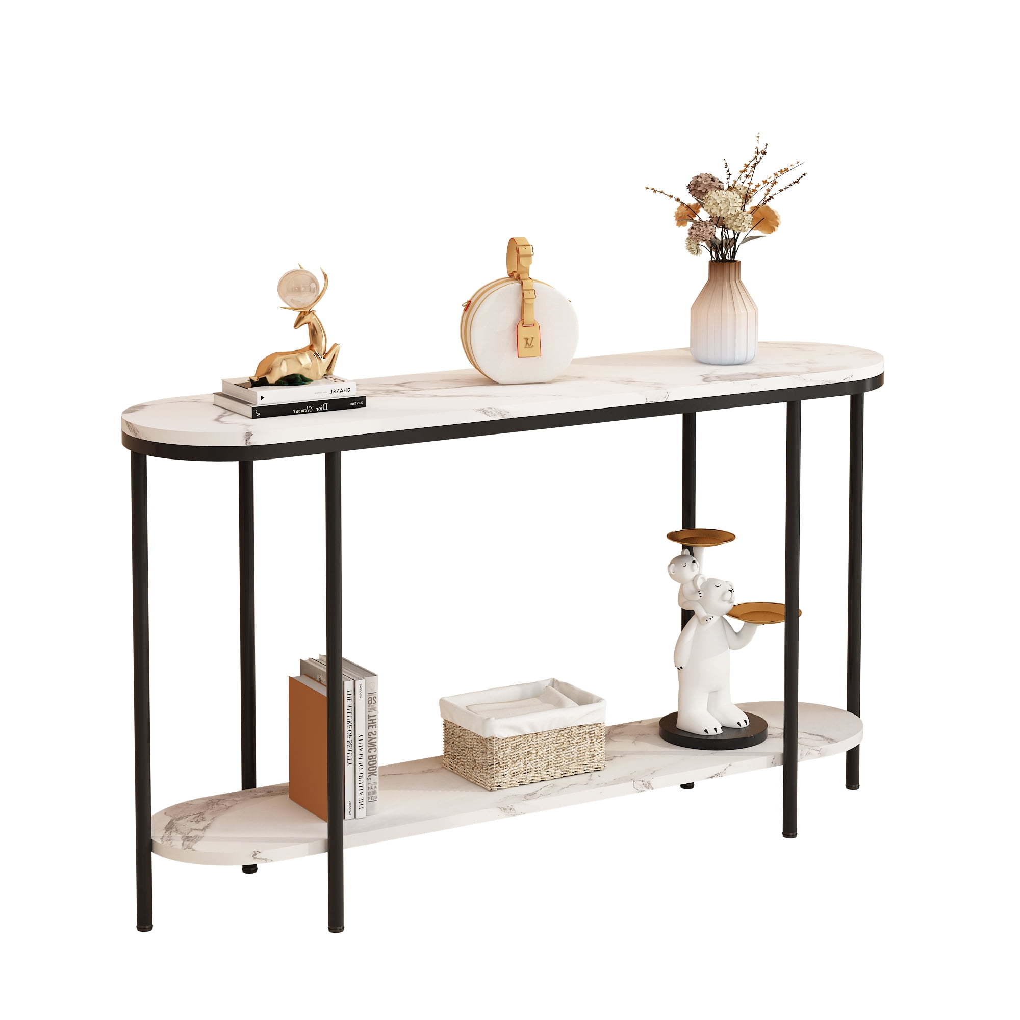 Ktaxon Entryway Table 2 Tier for Entrance, Sofa Coffee Desk Home Furniture with Storage Shelves, Metal Artificial Marble Black & White