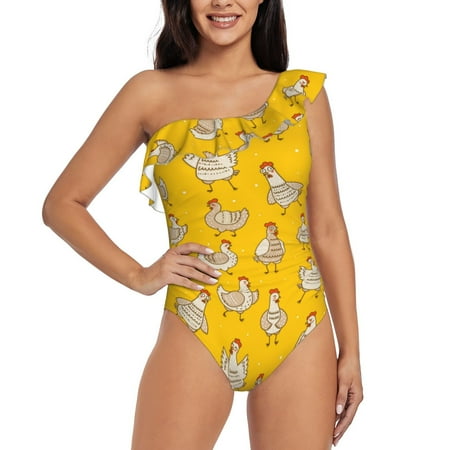 Tideii Funny Chicken for One shoulder Ruffled Swimsuit  One Piece Tummy Control Swimsuit Summer Swimwear for Adult Women-XX-Large