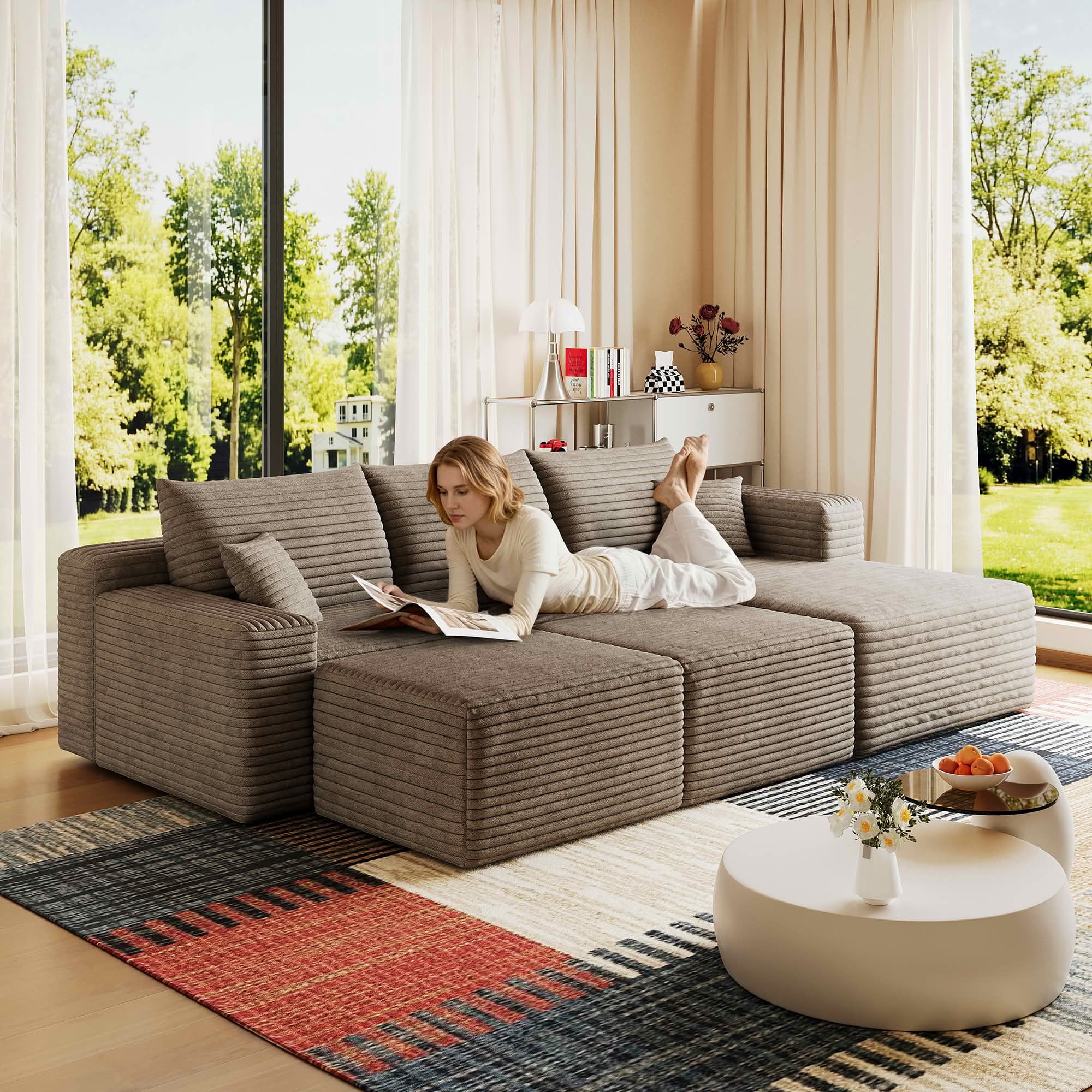 MAYEERTY 95" Corduroy U-Shaped Sectional Sofa with 2 Ottomans, Deep Seat Cloud Couch, No Assembly Leisure Sofa for Home