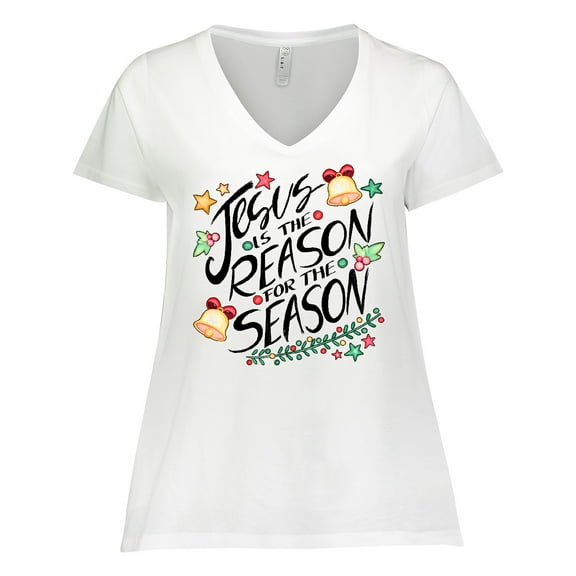 Inktastic Jesus is the Reason for the Season Christmas Bells and Stars Women's Plus Size V-Neck T-Shirt