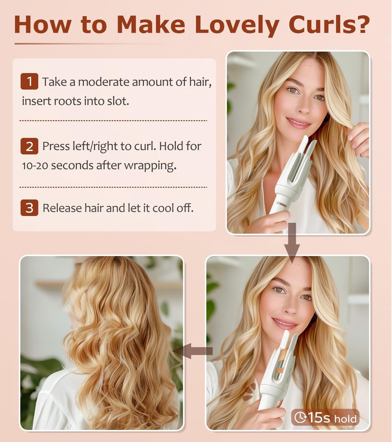 Automatic Hair Curler with 4 Temperature & 3 Timer Settings, Auto-Rotating Ceramic Curling Iron with Anti-Tangle & Anti-Scold Design