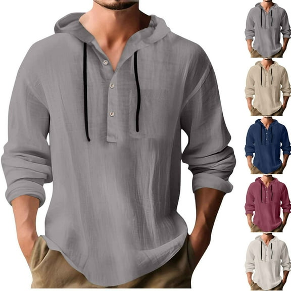 Miluxas Cotton Linen Hoodie Men Lightweight Long Sleeve Button Down Shirts with Hood Summer Trendy Plain Drawstring Hooded Shirts White XL(XL)