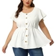 thumbnail image 2 of Women's Plus Size Blouse Round Neck Button Decor Drawstring Elastic Back Bell Sleeve Summer Tops White 2X, 2 of 7