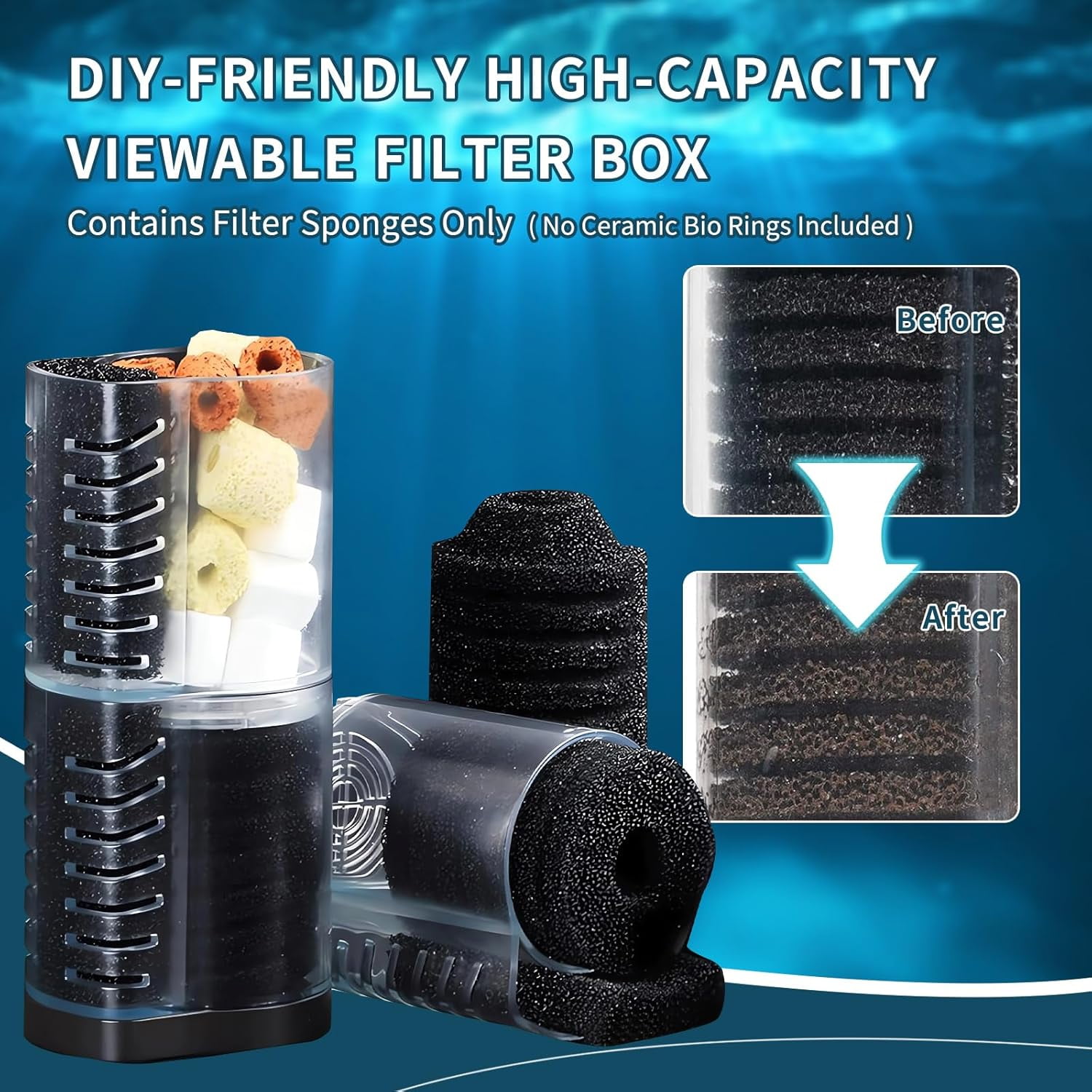 Adjustable Submersible Aquarium Filter 4-in-1 Biochemical Filtration 264GPH for 20-75 Gallon Fish Turtle Tanks Freshwater Saltwater