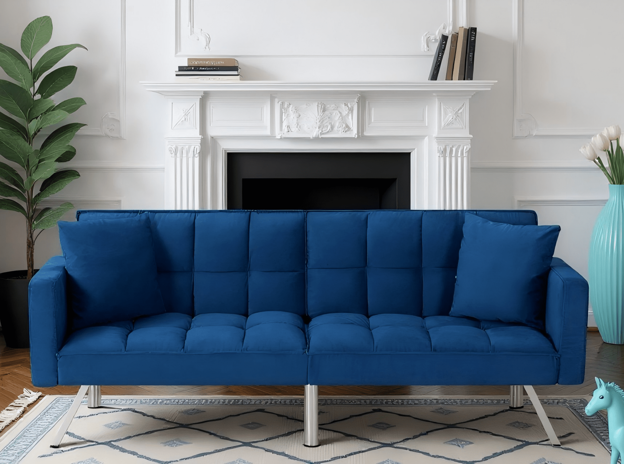 Gewnee 74"Velvet Upholstered Modern Convertible Futon, Adjustable Folding Sofa Bed, Guest Bed for Living Room, Bedroom, Apartment (Navy Blue)