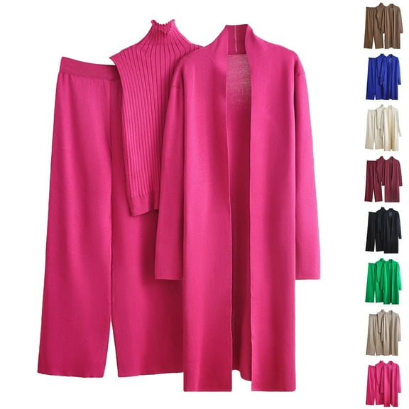 Bixock Women Fall and Winter Outfit Set,Women Two-piece Set,Set for Women Long Trench Coat Turtleneck and Elastic Waist Wide Pants 3-Piece Set