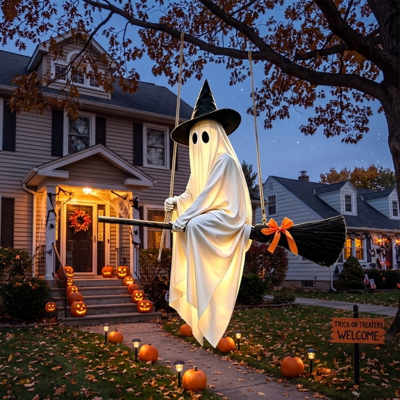 Tryvkinvive Halloween Decorations Outdoor, 55" Light Up Hanging Ghost Decor with Witch Broomstick, Halloween Flying Hanging Ghosts Decorations with Warm LED Lights for Front Porch Yard Garden Home