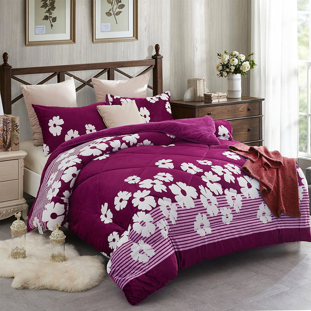 Purple Lavender Floral Flannel Soft Blanket With Sherpa Thick Wadding King-Queen 