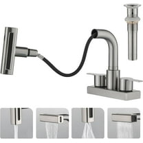 Bathroom Sink Faucet with Pull Down Sprayer 3 Holes, Brushed Nickel 4 inch 2 Handles Centerset Laundry Bar Basin Pull Out Faucet with Pop-Up Drain