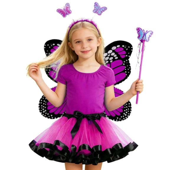 RMGVDSD Kids Princess Birthday Outfits For Girls Tutu Skirt With Headband Butterfly Wing For Stage Performance Dress Up Party Clothes Classic Fit Outfits