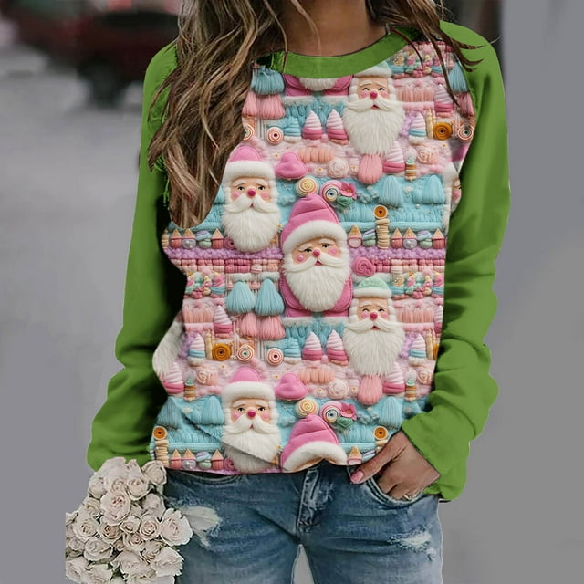 Aqestyerly Haut de Noël pour Femme Blouse à Manches Longues Imprimée de Noël Col Rond Tunique Décontractée