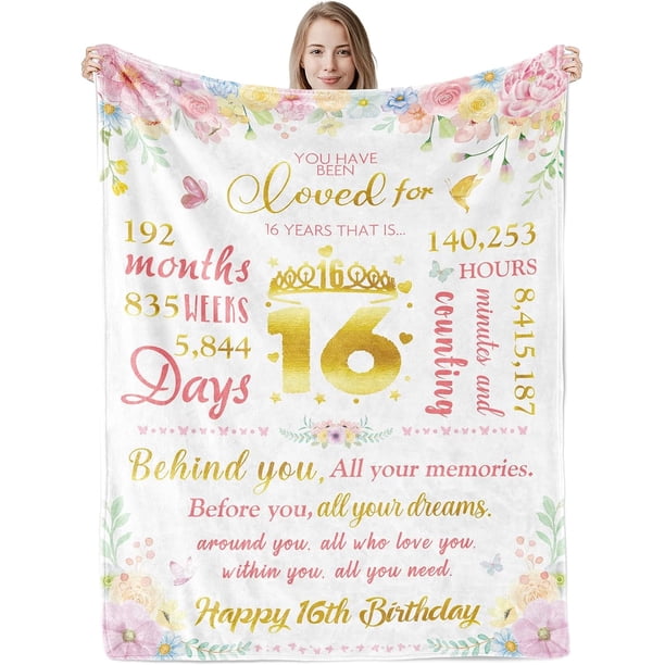 LHSHID Happy 16th Birthday Throw Flannel Blanket Sweet 16 Year Old Girl Birthday Gift Ideas for Sixteen Daughter Sister Pink Floral 16 Bday Decorations for Friends 30"x40"
